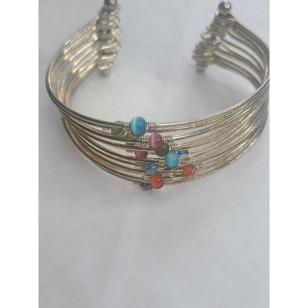 Silver Tone Wire  Multicolored Moonglow Beads Tapered Wire Cuff Bracelet